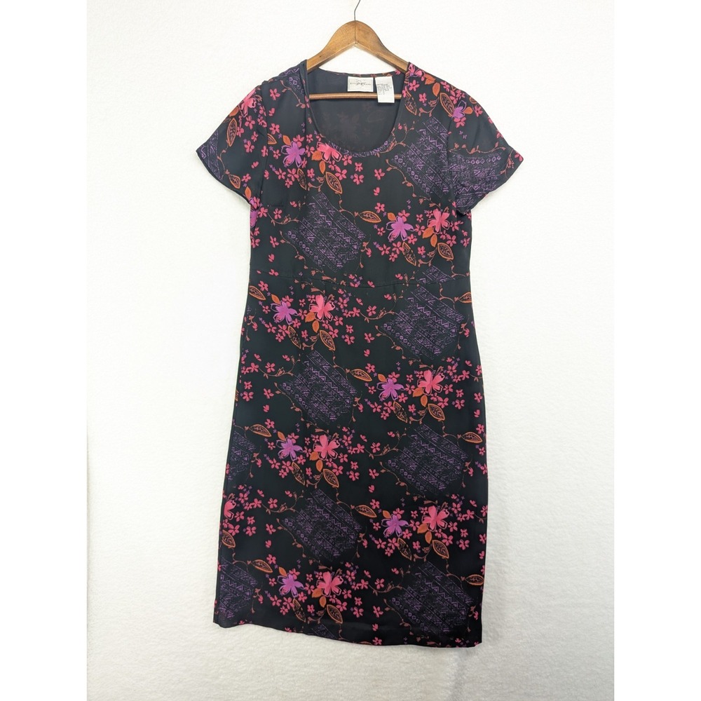 VTG Studio Ease A Line Dress Women's Black Pink Floral Belted‎ Scoop Neck 12